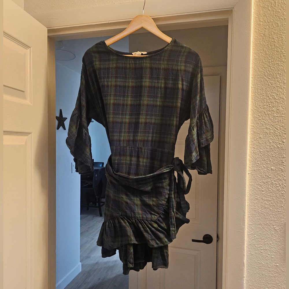 Plaid Long Sleeve Dress with Ruffle Hem